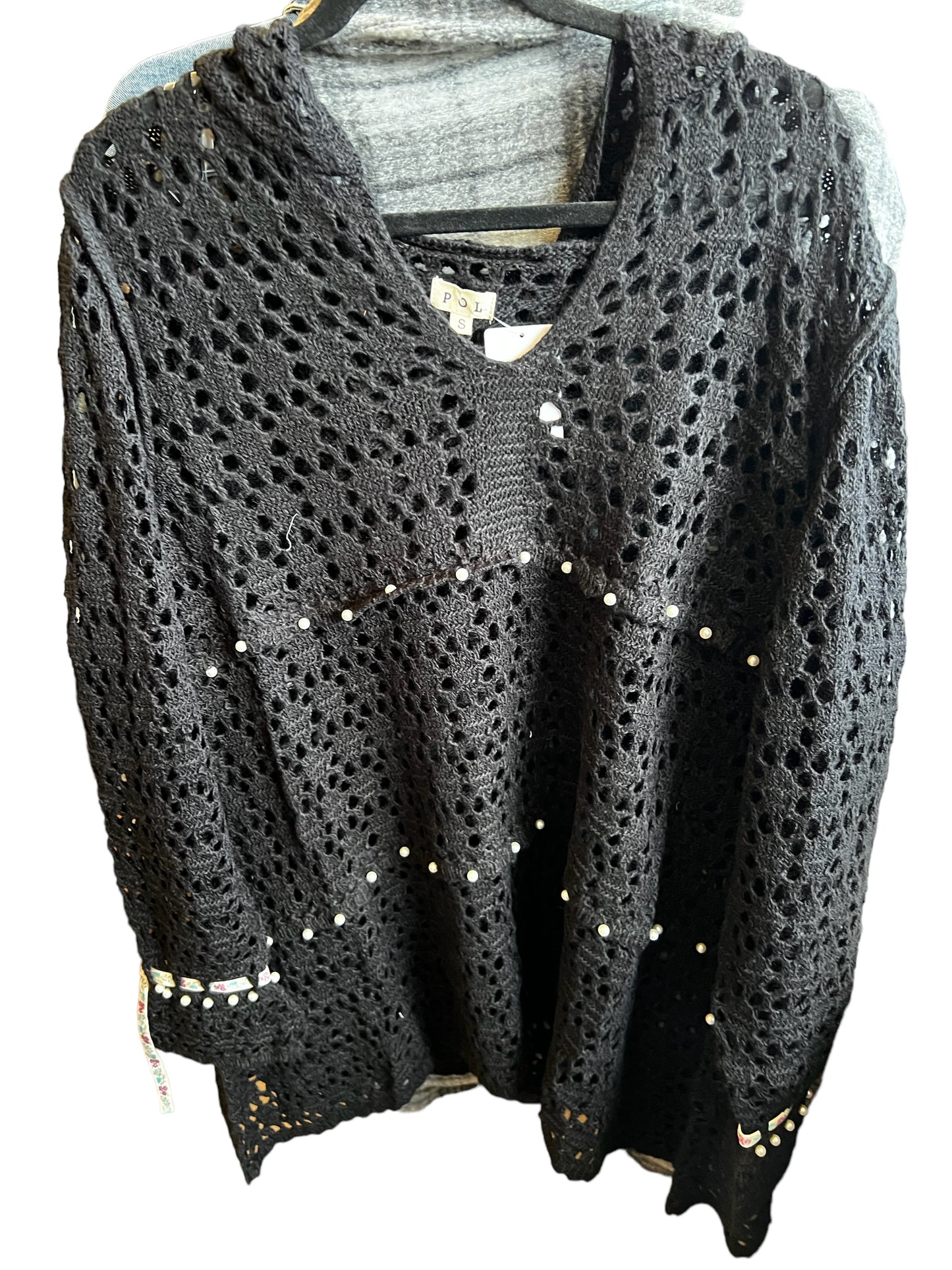 BLACK CROCHET AND PEARL TUNIC WITH HOOD