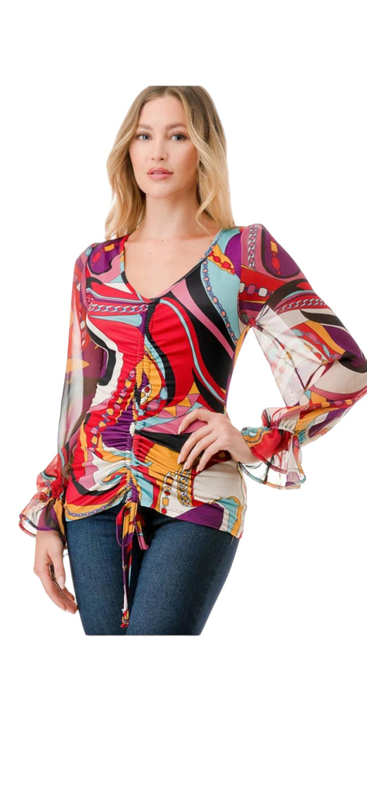 VAVA CLAIRE CENTER DRAW SHIRRING TOP IN PUCCI CHIFFON