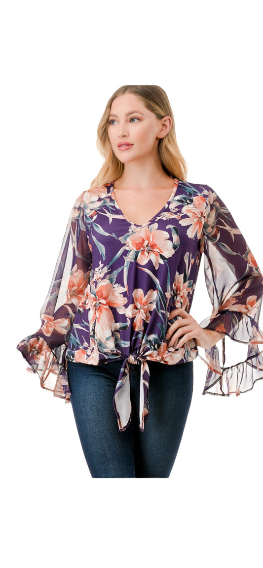 VAVA JANE VNECK RUFFLE SLEEVE TOP IN PURPLE FLOWER