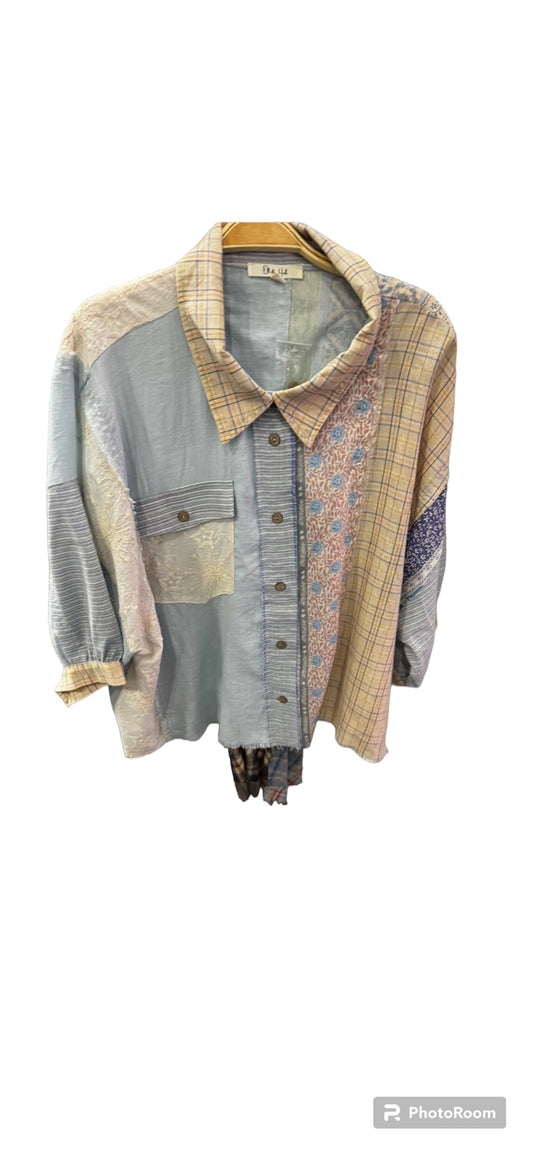 PATCHWORK BLUE BUTTON SHIRT