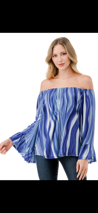 VAVA CORDELLA OFF SHOULDER TOP IN BLUE WATER COLOR