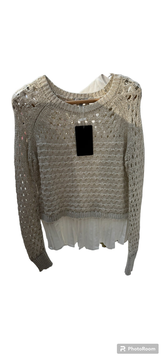 OATMEAL PLEATED  OPEN KNIT SWEATER