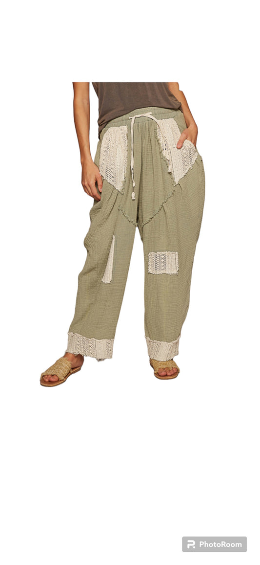 SEA SAGE HAREM PANTS IN GAUZE AND LACE