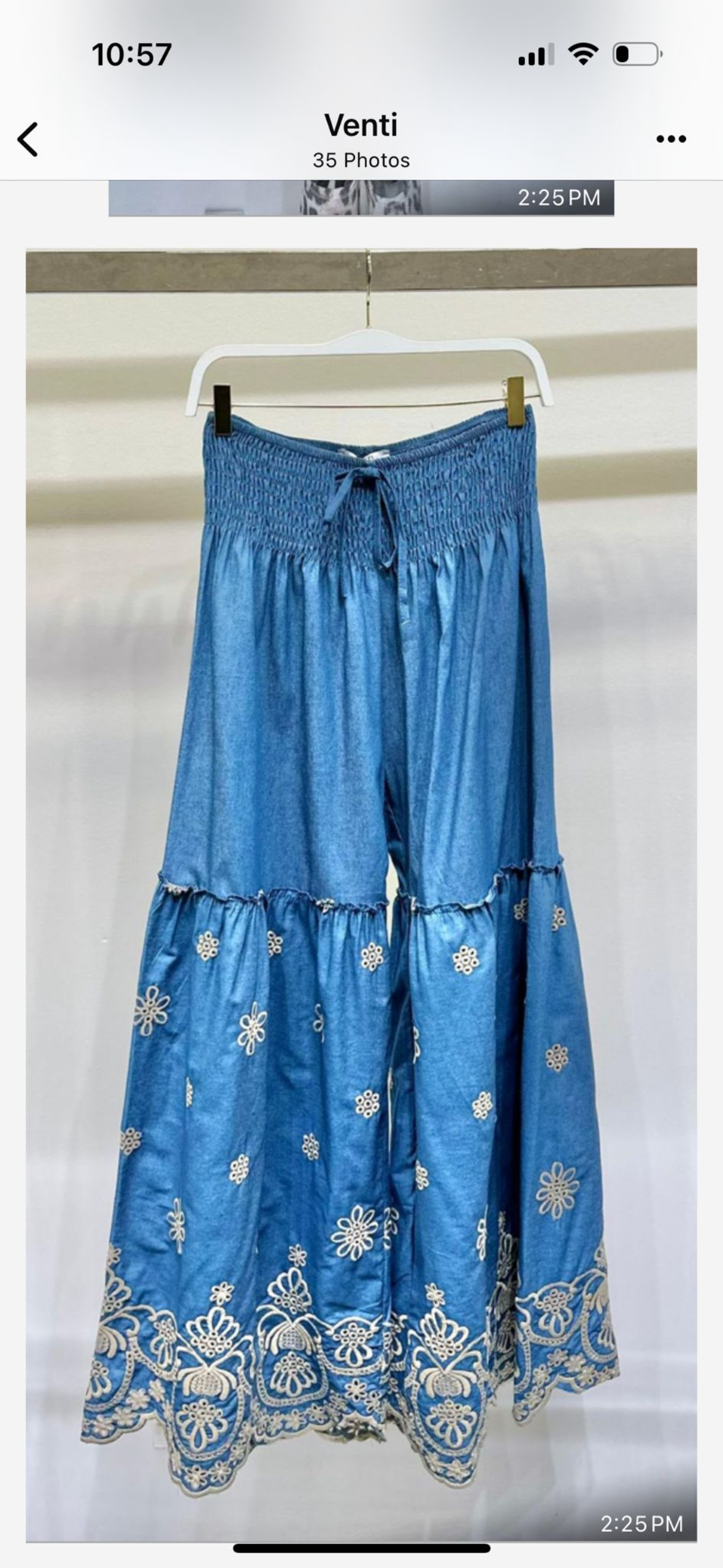 DENIM SMOCKED WAIST WIDE LEG WITH GOLD EMBROIDERY