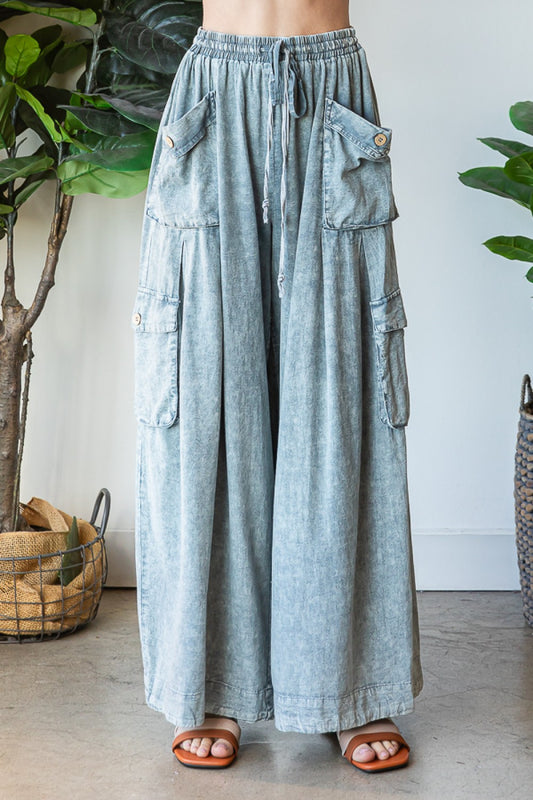 WASHED 3D POCKET SLOUCHY WIDE LEG PANTS in slate