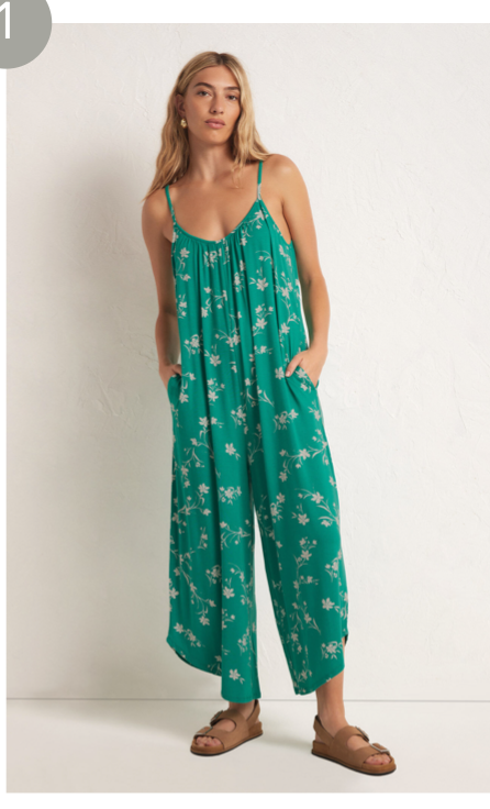 Z  SUPPLY FLARED FLORAL JUMPSUIT  IN TROPICAL TEAL