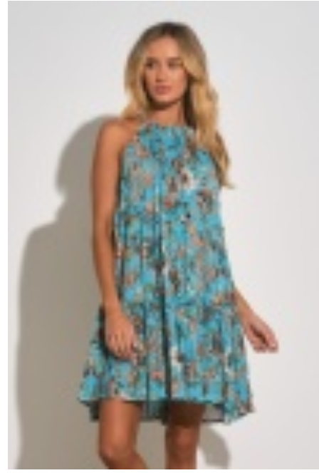 ELAN SP24 TURQUOISE FLORAL HALTER DRESS