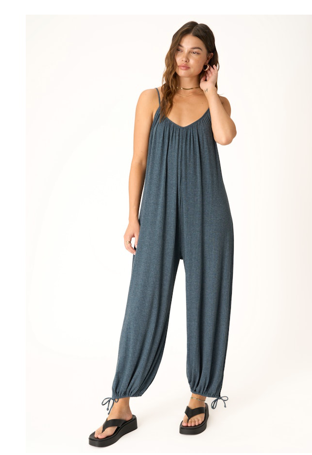 PROJECT SOCIAL T LET'S BOUNCE SHIRRED STRAPPY JUMPSUIT IN TEAL