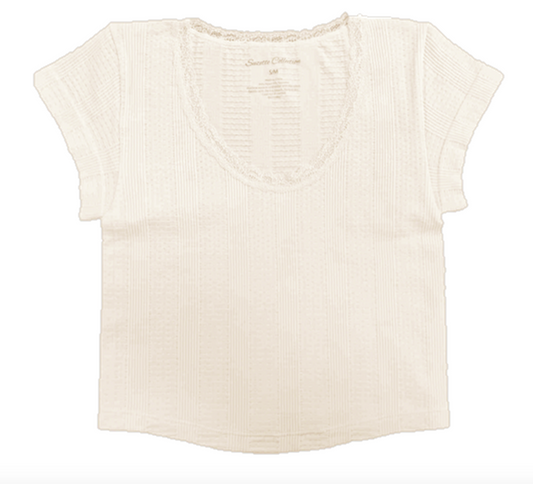SUZETTE POINTELLE LACE TRIM CAP SLEEVE TOP IN IVORY