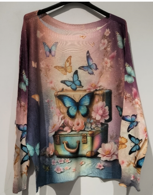 Pink Butterfly Knit Printed Sweater O/S