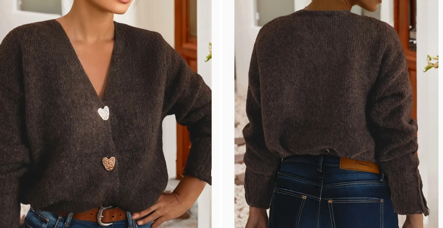 Heart Chunky Knit Metal Button Sweater Cardigan IN CHOCOLATE