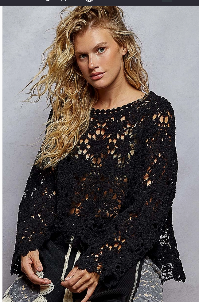 Textured Chenille Sweater Loose Fit Crochet Top IN BLACK