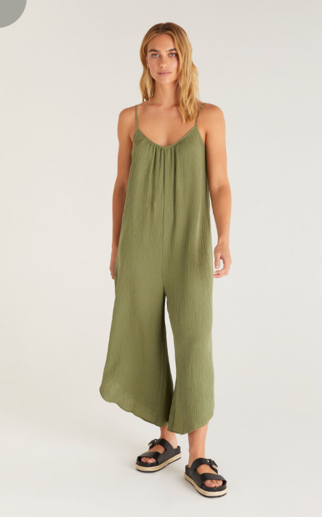 Z SUPPLY THE FLARED GAUZE JUMPSUIT IN OLIVE