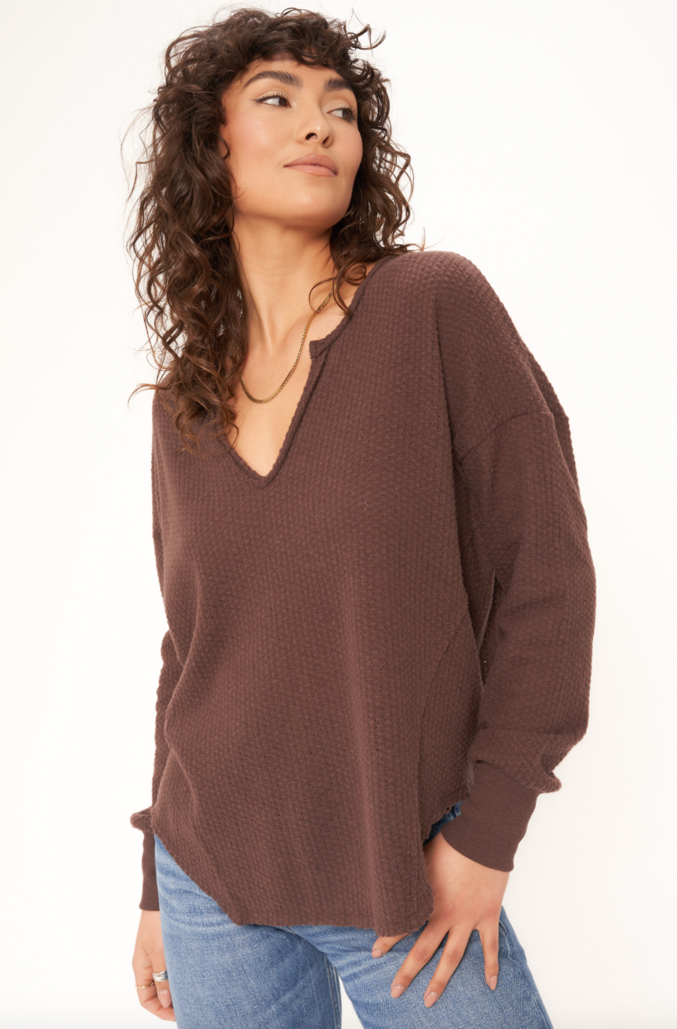 PROJECT SOCIAL T BORDERLINE COZY THERMAL NOTCH NECK LONGSLEEVE IN RICH OAK