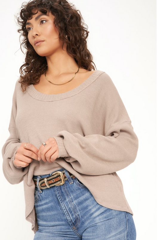 PROJECT SOCIAL T INSIDE SCOOP SWEATER RIB LONGSLEEVE IN AUTUMN MINK