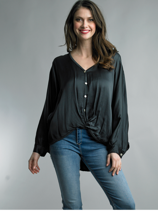 SATTIN KNOT BUTTON DOWN TUNIC IN BLACK