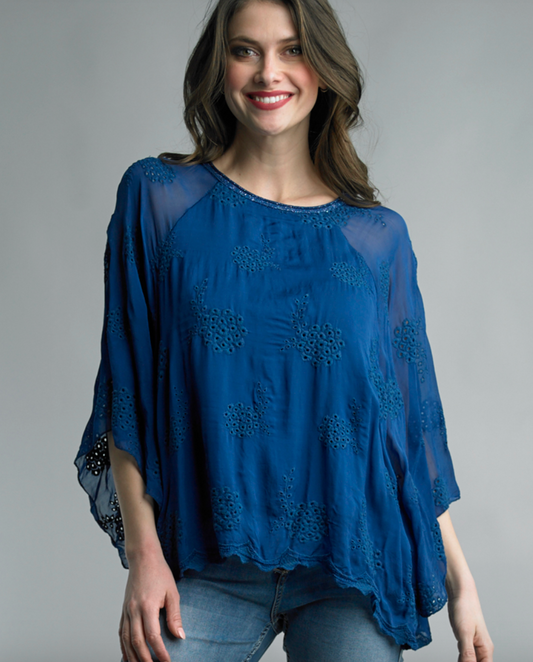 ROYAL BLUE SILK EMBROIDERED TOP