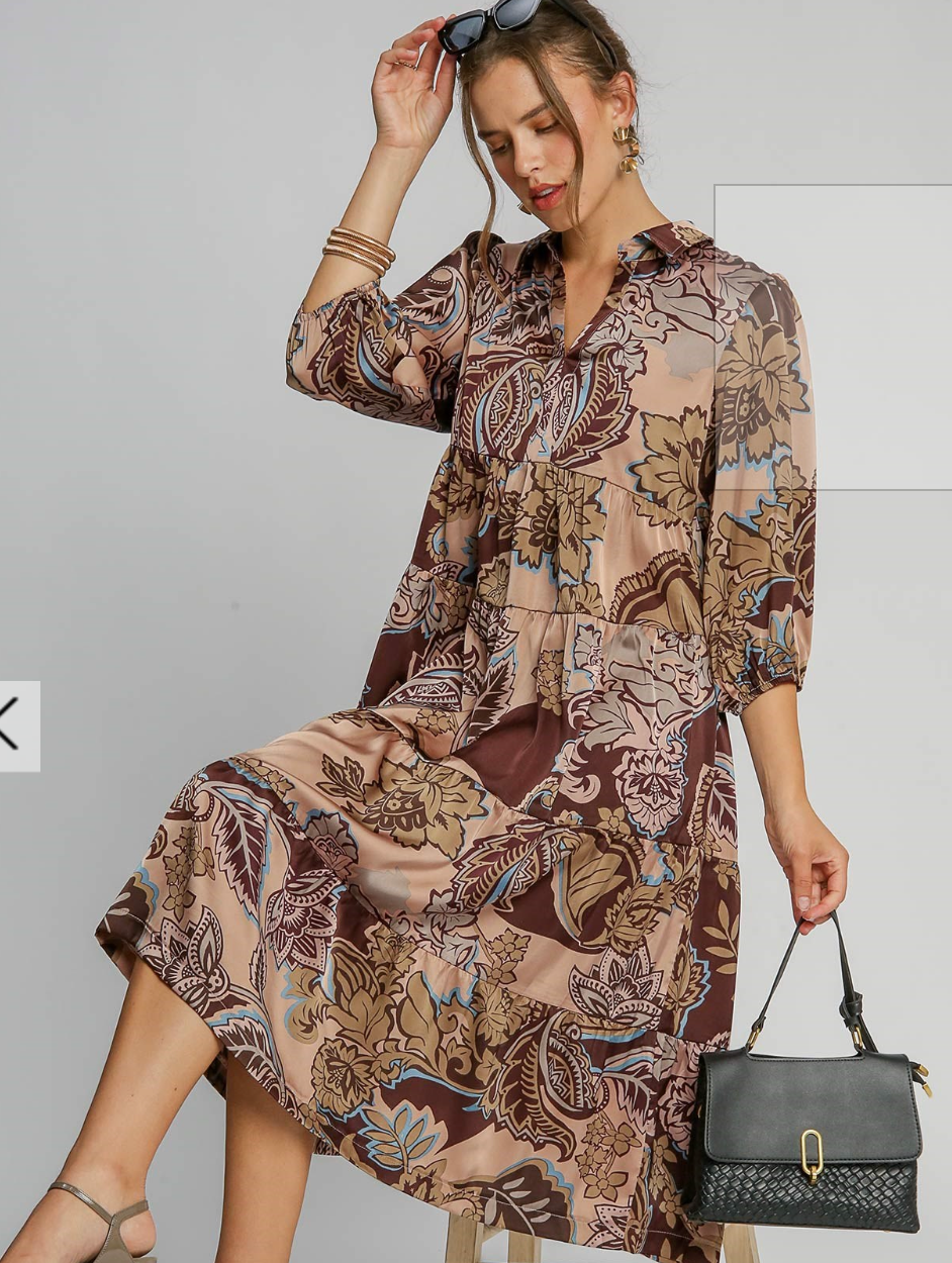 Paisley Print Satin Midi Dress