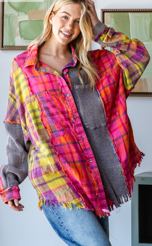 PLAID MIXED BUTTONDOWN SHIRT IN PINKS AND NAVY