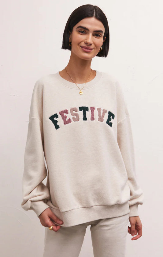 Z SUPPLY  Festive Sweatshirt Light Oatmeal