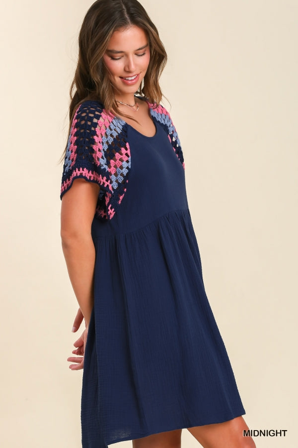 BLUE BABY DOLL DRESS WITH CROCHET SLEEVE