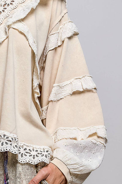 French Terry Eyelet Ruffle Vintage Washing Solid Knit Top