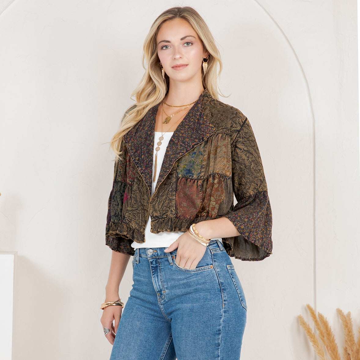 Lapel Detail Cropped Top with Handcrafted Boho Embroidery