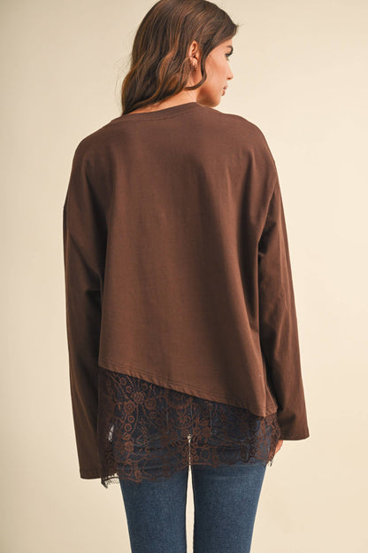 ASYMETRIC OVERLAY LACE LONG SLEEVE CREW NECK TOP