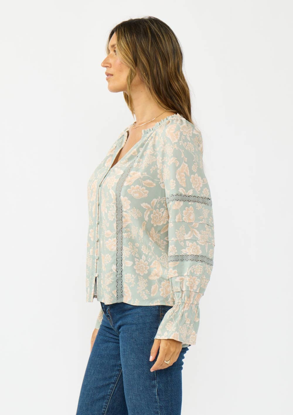 Long Sleeve Button Front Blouse w/ Lace Trim