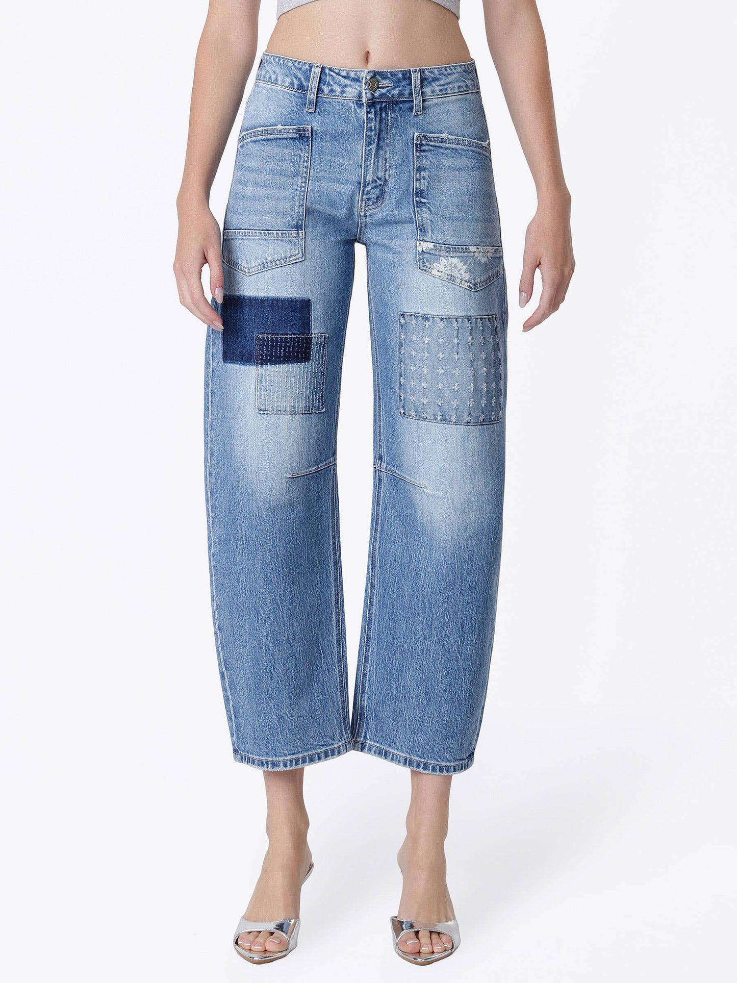 VERVET HIGH RISE PATCHWORK DETAIL BARREL JEANS