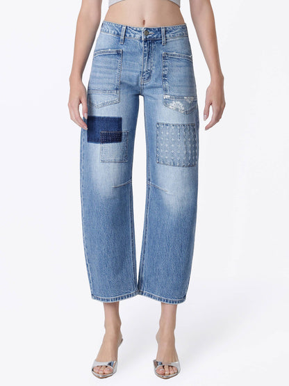 VERVET HIGH RISE PATCHWORK DETAIL BARREL JEANS