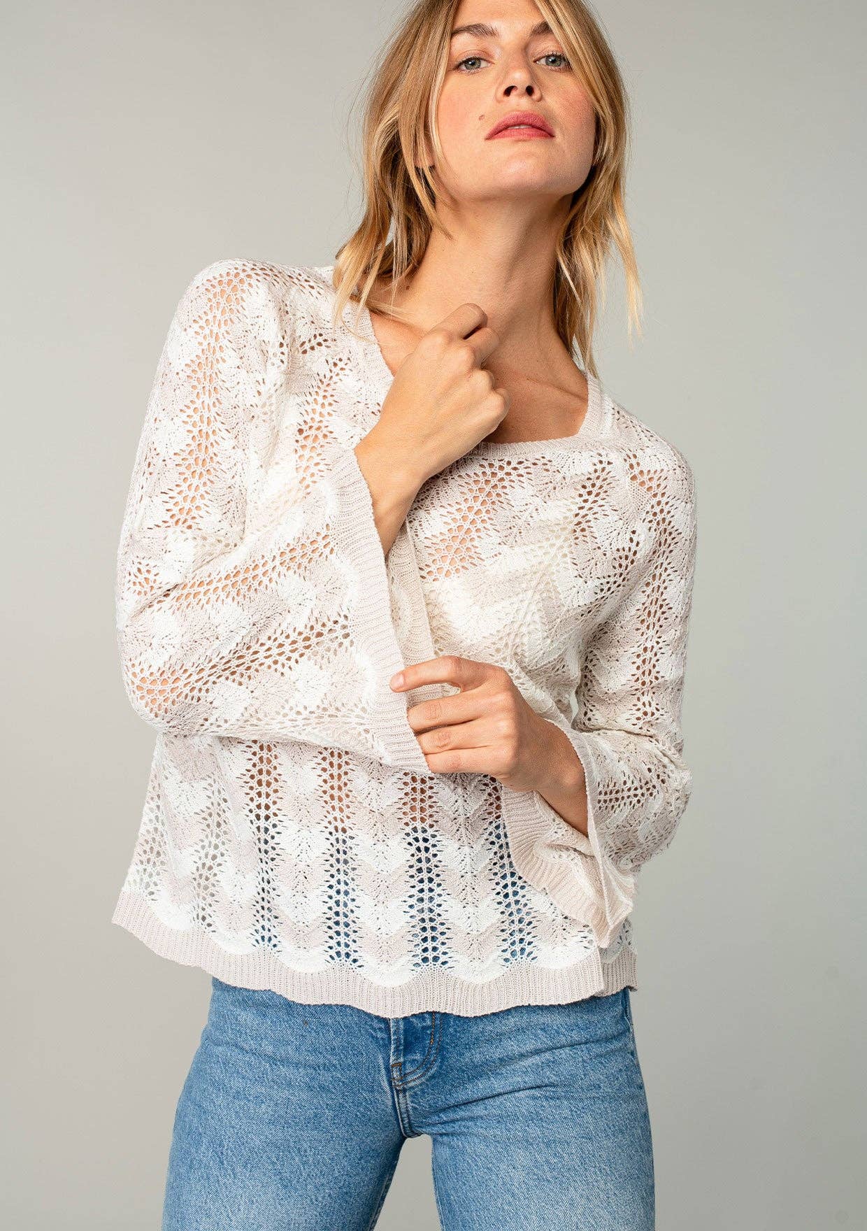 Long Sleeve Chevron Crochet Sweater