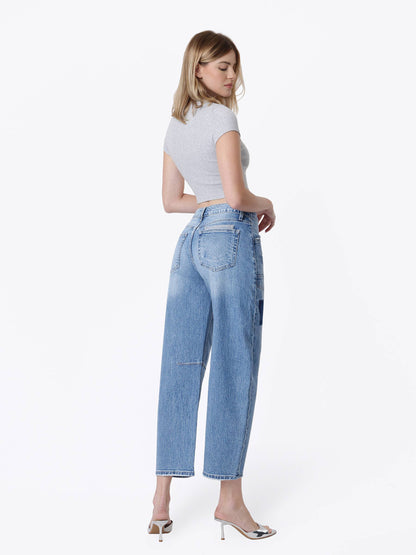 VERVET HIGH RISE PATCHWORK DETAIL BARREL JEANS