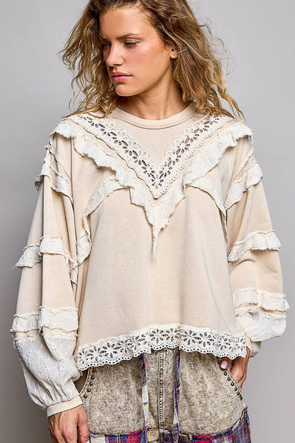 French Terry Eyelet Ruffle Vintage Washing Solid Knit Top