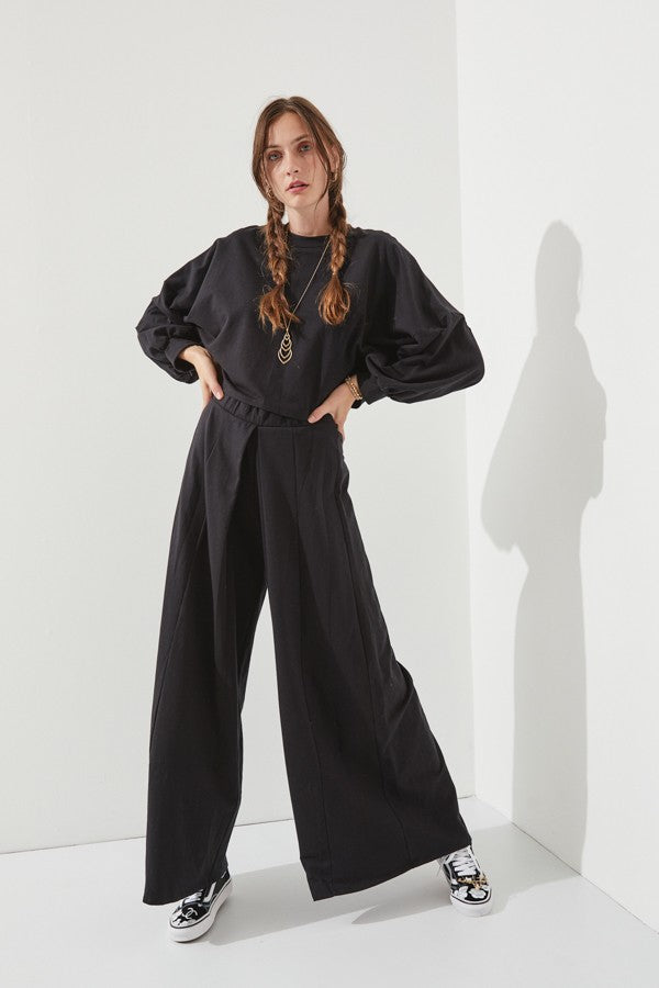 TERRY WIDE LEG PANTS in black