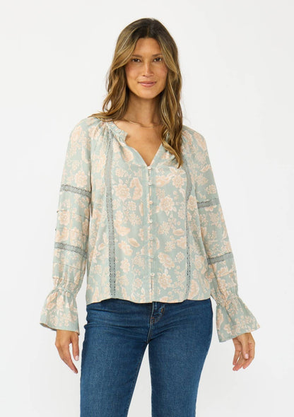 Long Sleeve Button Front Blouse w/ Lace Trim