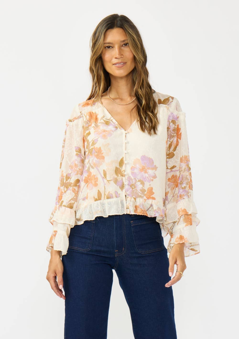 V-Neck Button Front High-Low Hem Ruffle Blouse