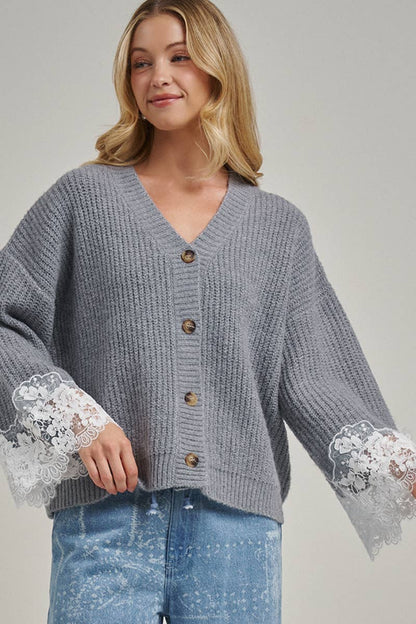 LOOSE FIT SOFT V NECK SWEATER CARDIGAN WITH LACE