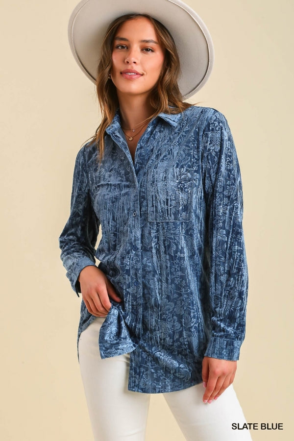 Long Sleeve Velvet Print, High Low Hem Top with Chest Pocket  IN SLATE BLUE