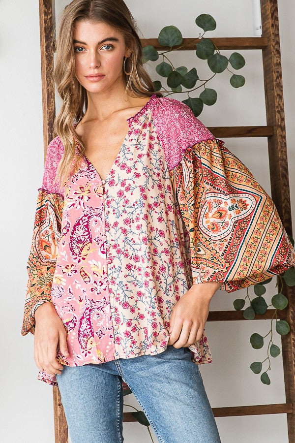 BUTTON FRONT PRINT MIXED BLOUSE IN PINK