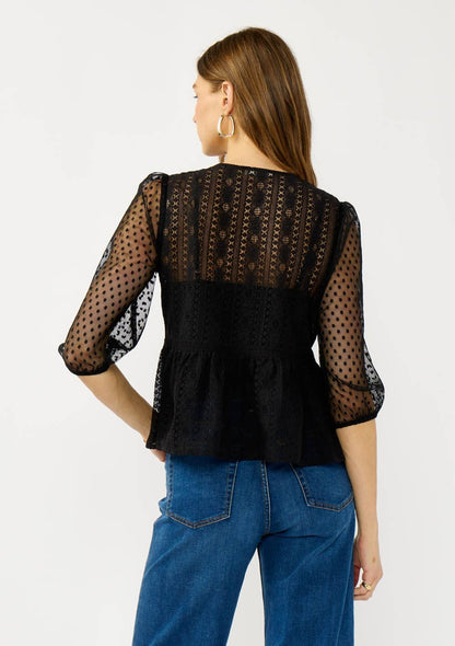 V-Neck Embroidered Lace Button Down Blouse
