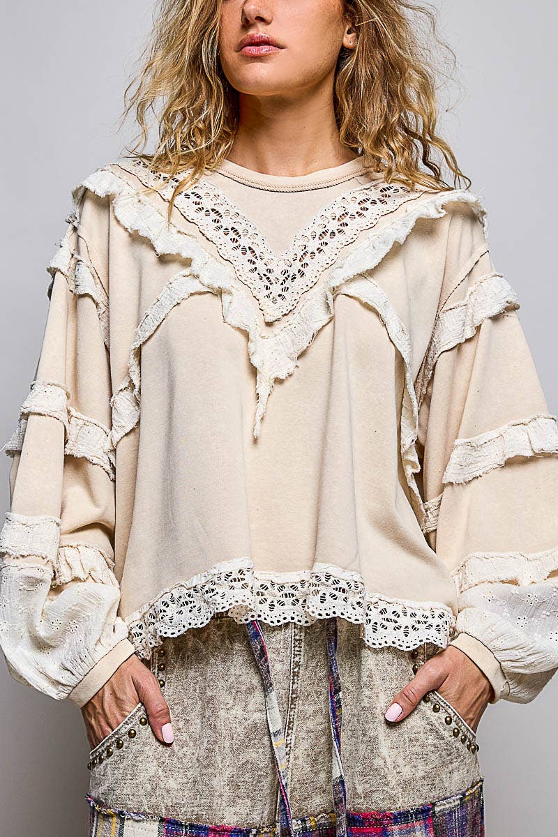 French Terry Eyelet Ruffle Vintage Washing Solid Knit Top