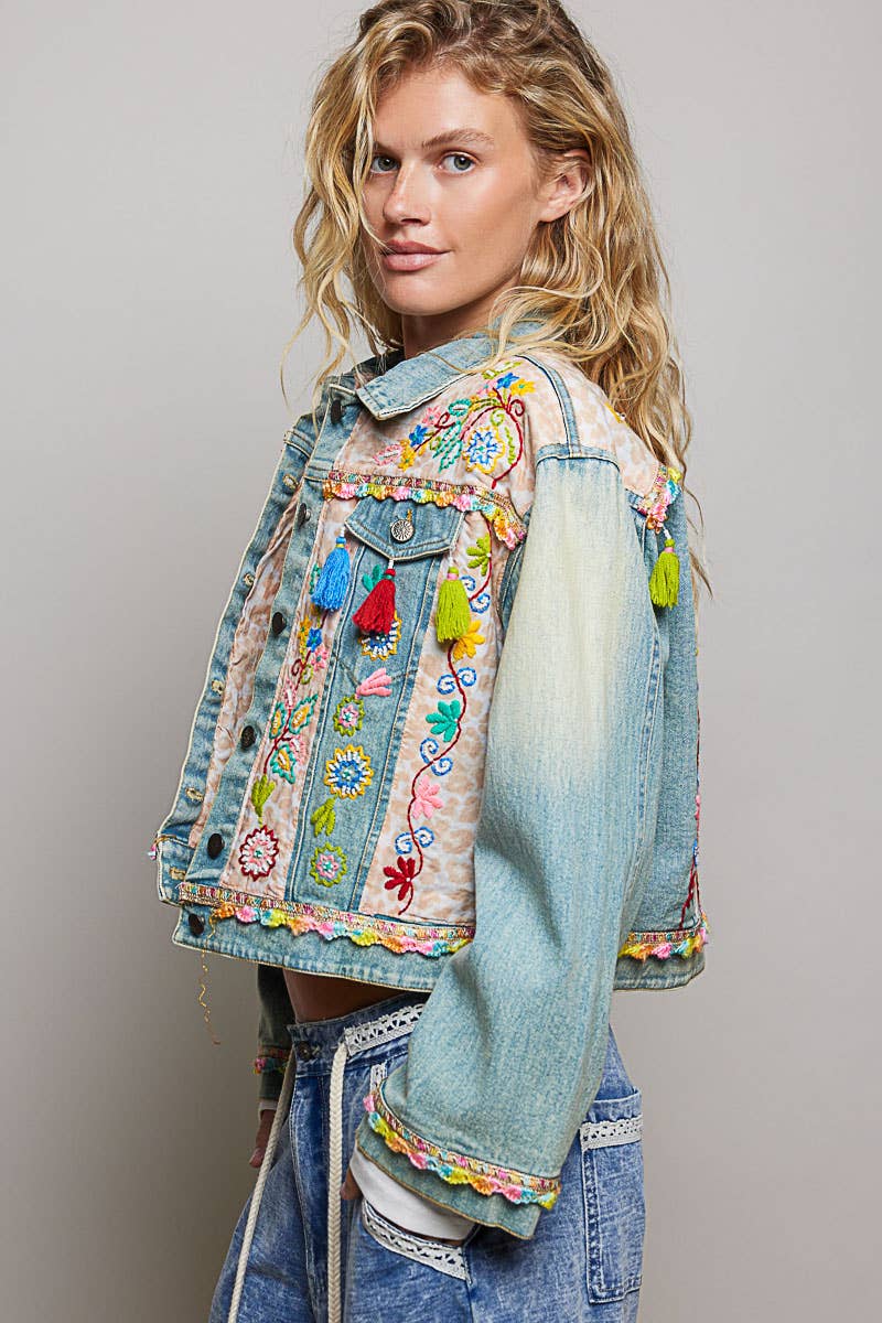 Floral Embroidery Lace Trim Tassel Denim Jacket