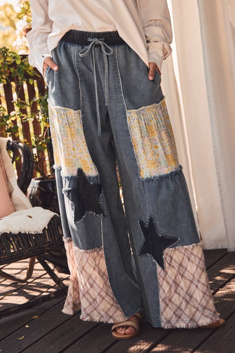 Mixed Fabric Patchwork Wide Leg Pants