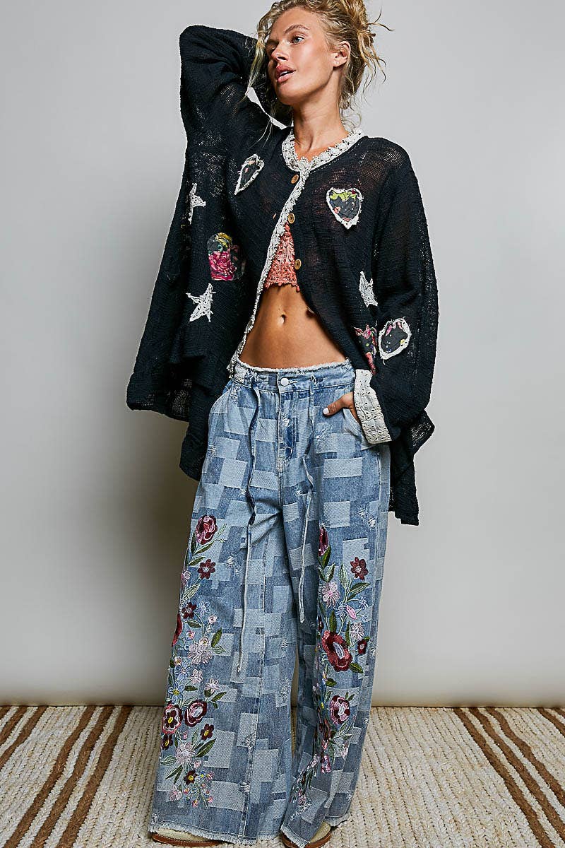 Floral Heart and Star Appliqué Crochet Lace Trim Cardigan