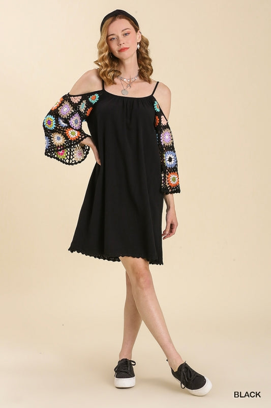 Linen Cold Shoulder Dress with Crochet Sleeve and Hem  IN BLACK