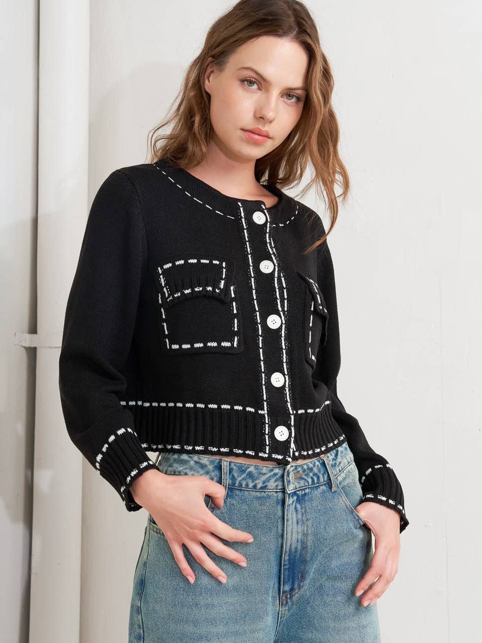 Sweater Knit Top -Black White