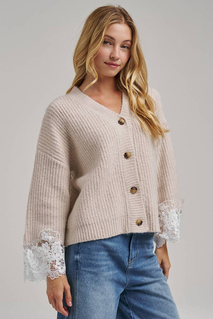 LOOSE FIT SOFT V NECK SWEATER CARDIGAN WITH LACE