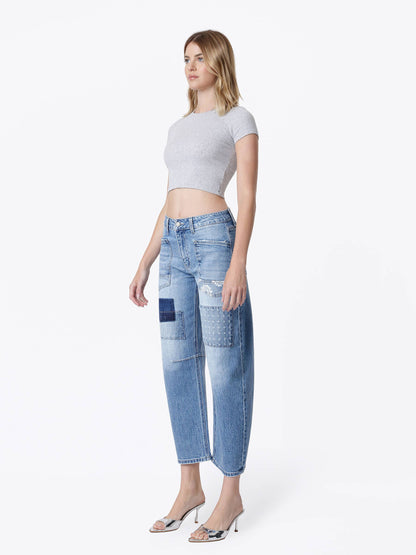 VERVET HIGH RISE PATCHWORK DETAIL BARREL JEANS