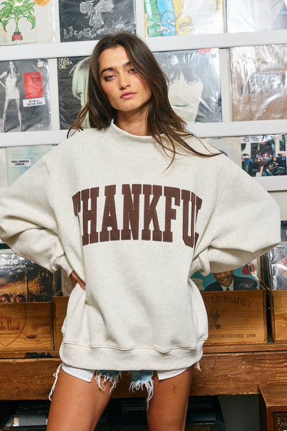 THANKFUL | Applique Embroidery Mock Neck Sweatshirt